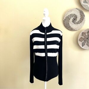 Belldini NWT Black and White Stripe Rhinestone Zip Up Knit  Long Sleeve Sweater